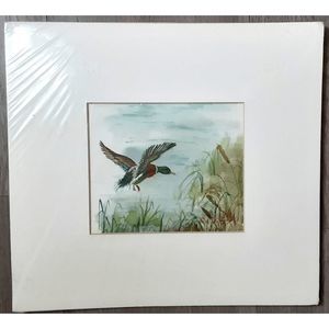 Original artwork watercolor signed pheasant in air 6X6 matted Maine